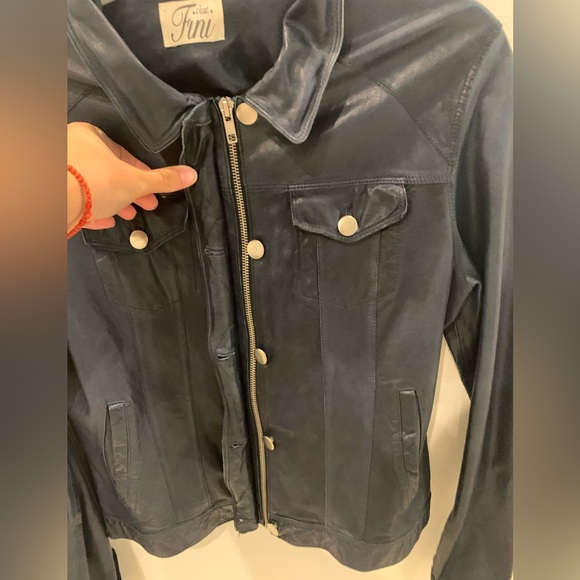 Navy Blue Leather Jacket - Picture 3 of 12